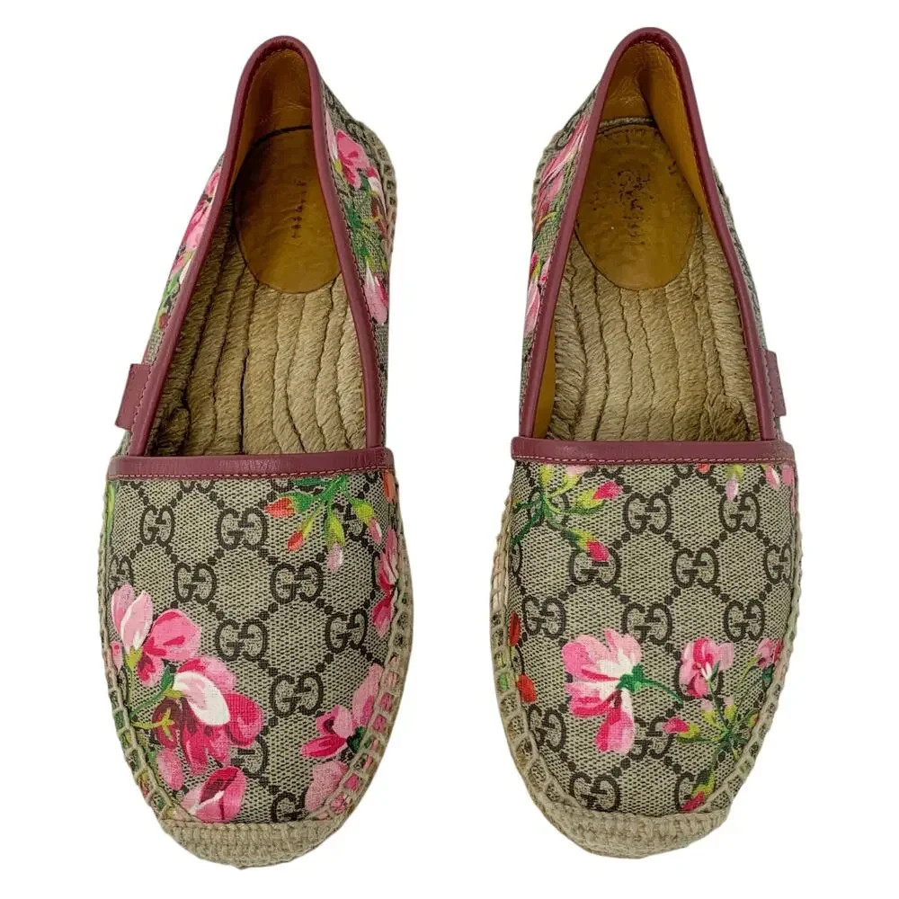 Gucci Bloom GG Supreme Monogram Canvas Pink Floral Print Espadrille Flats 37.5